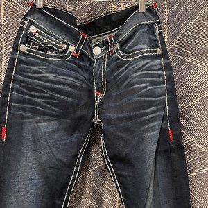 True Religion Red Label Ricky Flap Straight Leg Super T Jeans/White Stitching/32